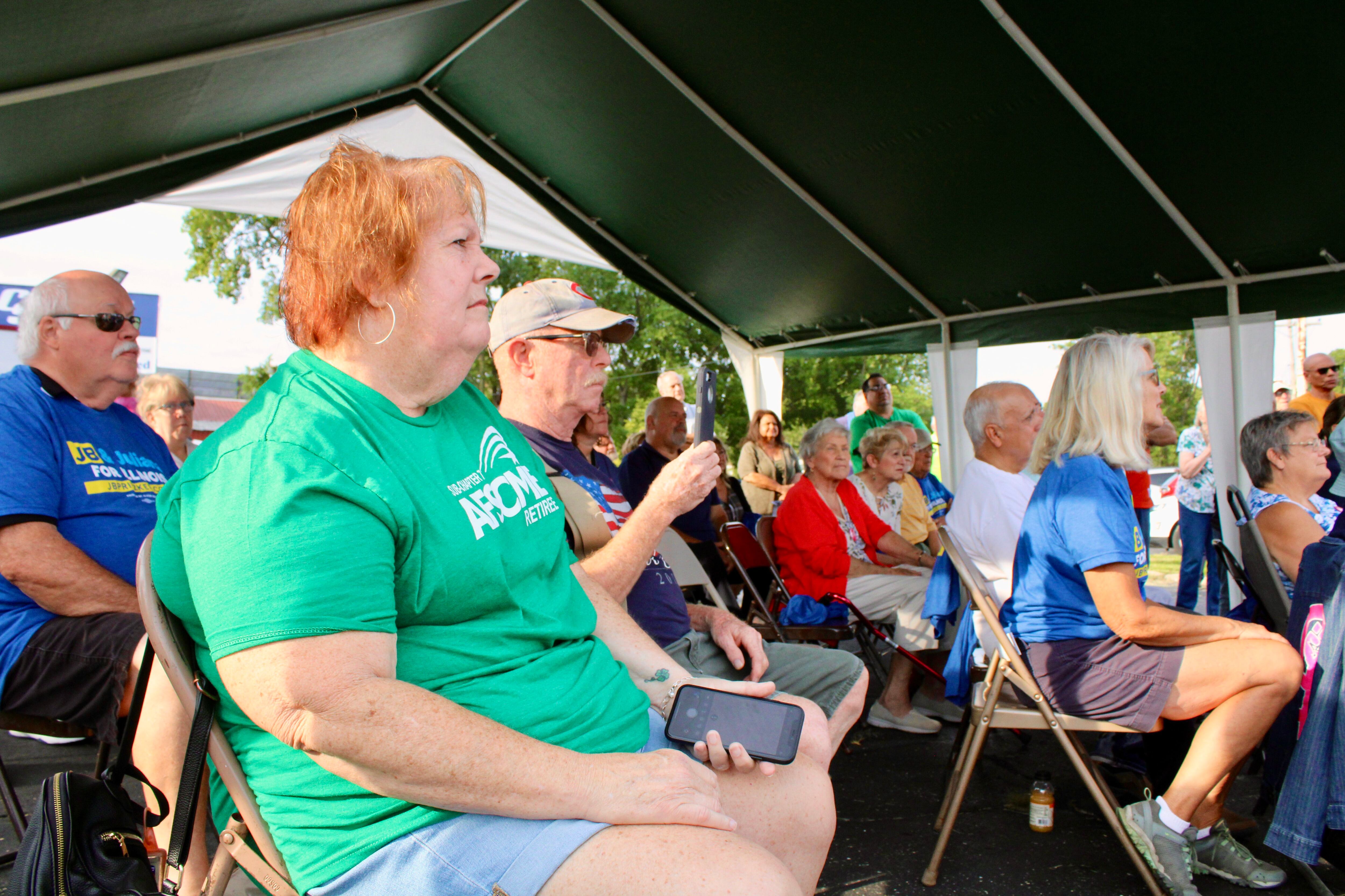 A crowd of about 70 people attend a meet'n'greet session with Gov. JB Pritzker and Lt. Gov. Juliana Stratton on Sunday at the Whiteside County Democratic Headquarters in Rock Falls.