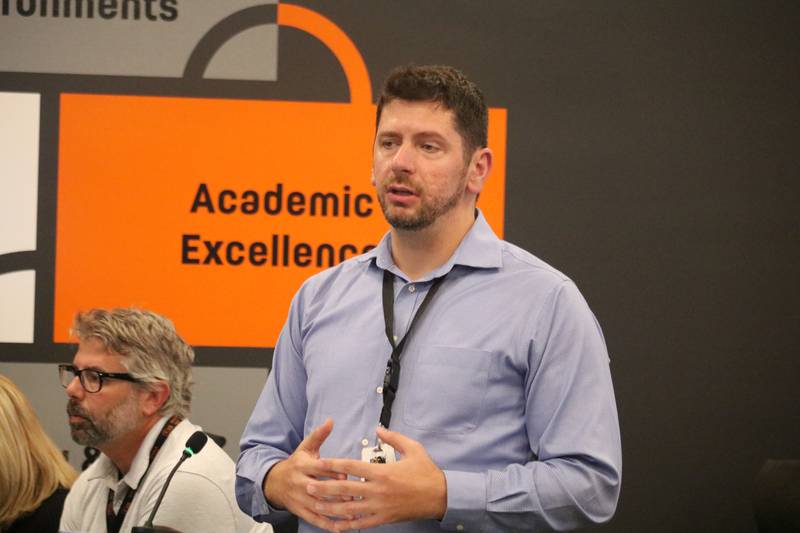 Director of Business and Finance Armir Doka briefs the DeKalb District 428 School Board Sept. 17, 2024, on its annual budget before a planned vote.