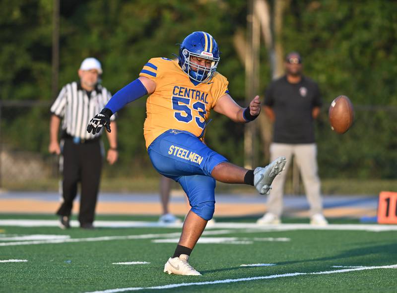 Joliet Central's Andres Leon (53) punts the ball during the conference game against Plainfield East on Friday, SEP. 12, 2025, at Joliet.