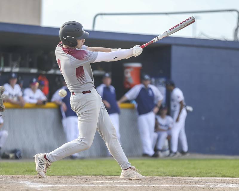 Plainfield North's Ryan O'Connor (4) connects on a pitch during baseball game between Plainfield North at Oswego East, Monday, April 28, 2025 in Oswego.