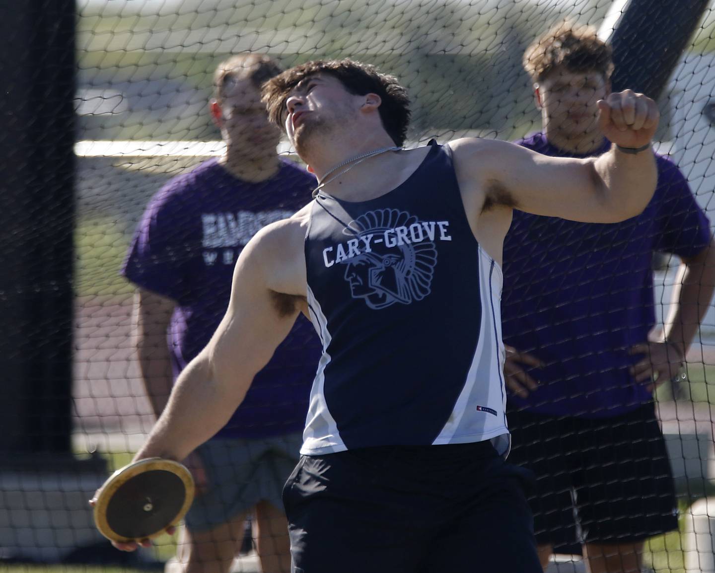Cary-Grove's Logan Abrams competes in the discus during the Fox Valley Conference  Boys Track and Field Meet on Thursday, May 14, 2026, at Huntley High School.