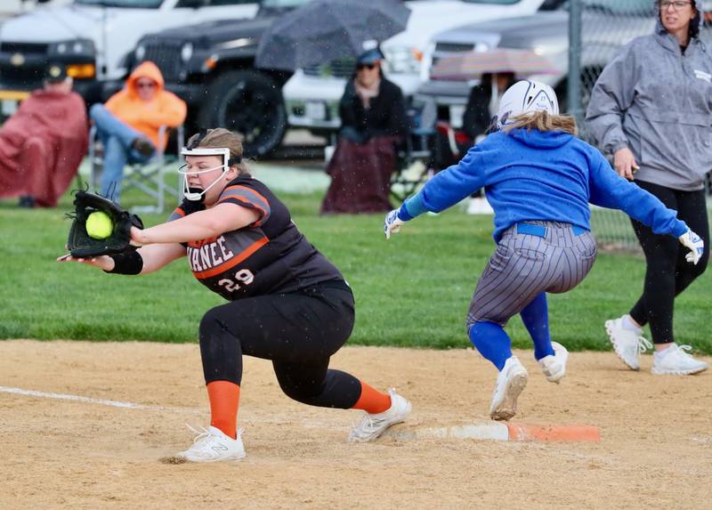 Princeton's Makayla Hecht beats the throw to first base Thursday at Little Siberia.