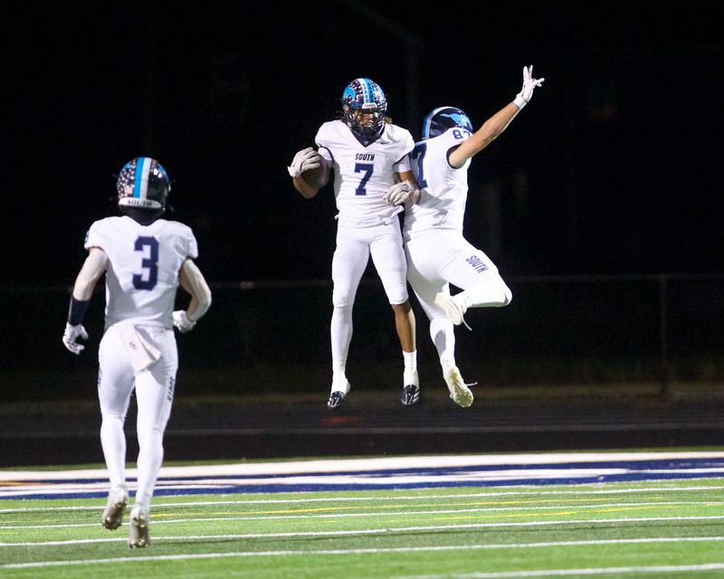 Downers Grove South's Keon Maggitt celebrates scoring a touchdown against Addison Trail on Friday, Oct.25,2024 in Addison.