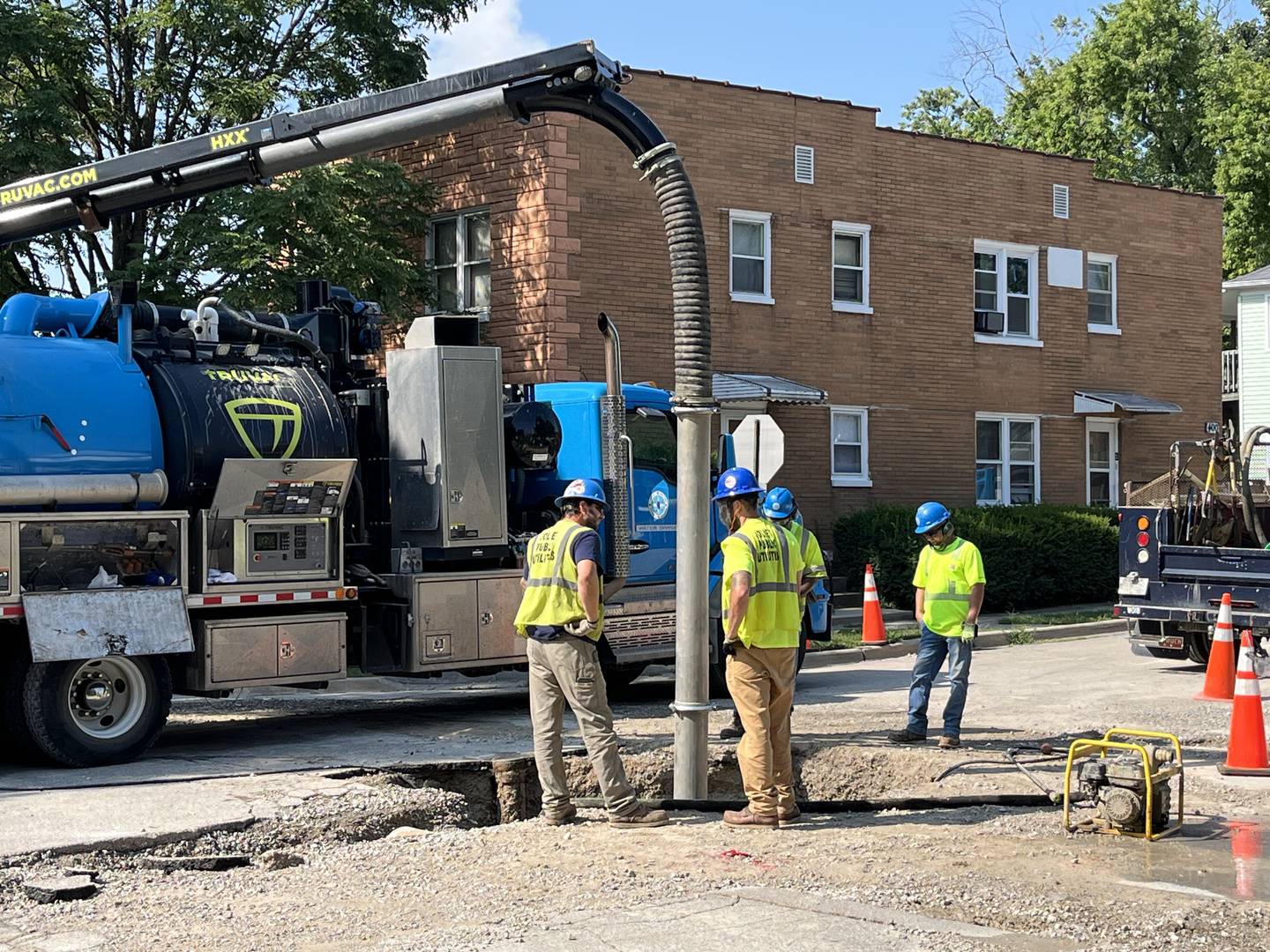 Crews conducting work on Thursday at the intersection Center and Moran streets in Joliet following a report of a sinkhole.