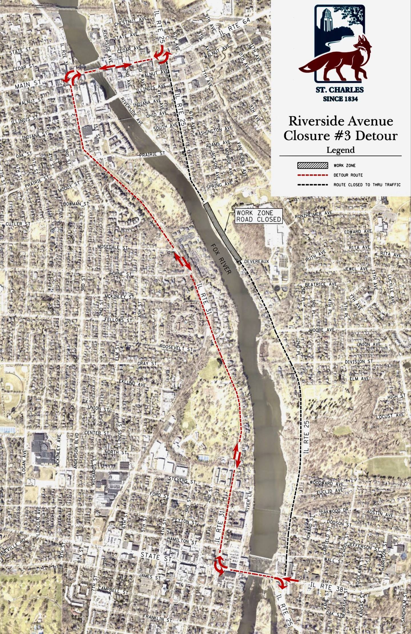 Map of detour for Route 25 in St. Charles, which will be closed beginning August 16 until early October 2023.