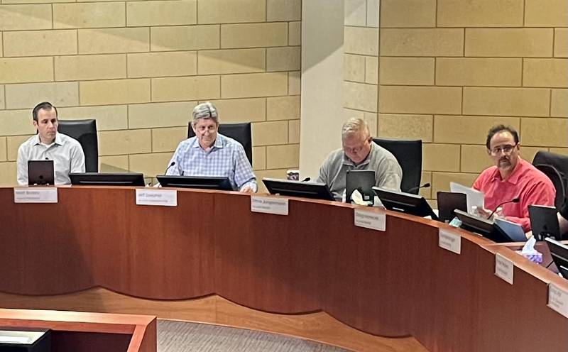 Montgomery Village President Matt Brolley, from left, Village Administrator Jeff Zoephel, and Steve Jungermann and Doug Marecek, village board members, during a meeting Feb. 28, 2022 at Village Hall. (John Etheredge - jetheredge@shawmedia.com)