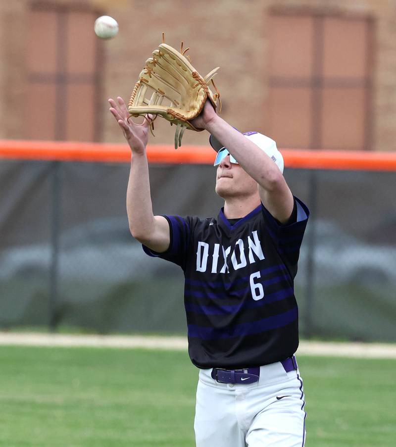 Dixon's Jack Redell makes a catch for the last out of the game Thursday, May 29, 2025, during their Class 3A regional semifinal win over Sycamore at Freeport High School.