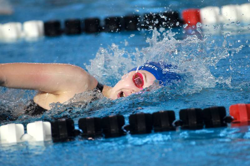 Burlington Central’s Kate Farrell competes in the 500-yard freestyle consolation heat during the IHSA Girls State Swimming and Diving Championships at the FMC Natatorium in Westmont on Saturday, Nov. 11, 2023.