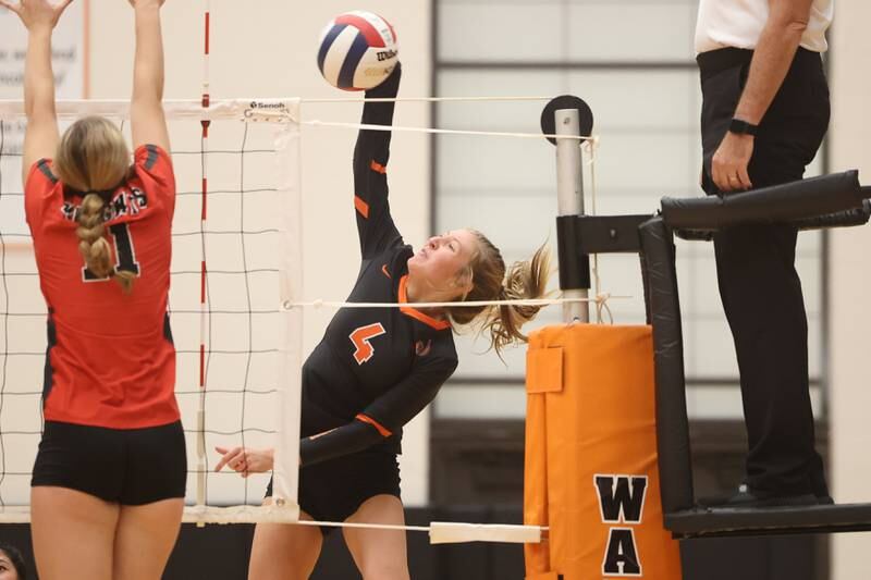 Lincoln-Way West’s Laney Tuttle hits a shot against Lincoln-Way Central. Thursday, Oct. 6, 2022, in New Lenox.