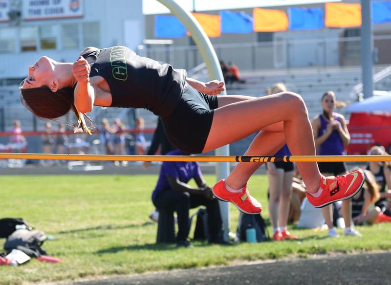 Crystal Lake South’s Makayla Westermann clears the bar in the high jump Friday, May 15, 2026, during the Class 2A girls track sectional at Genoa-Kingston High School.
