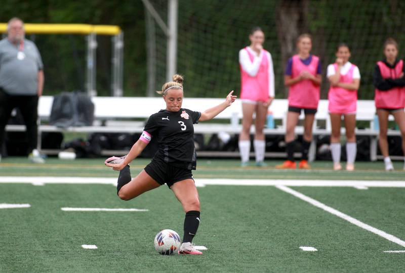 Wheaton Warrenville South's Brooke Ittersagen kicks the ball during a Class 3A Glenbard West Sectional semifinal game against Glenbard West on Tuesday, May 27, 2025 in Glen Ellyn.
