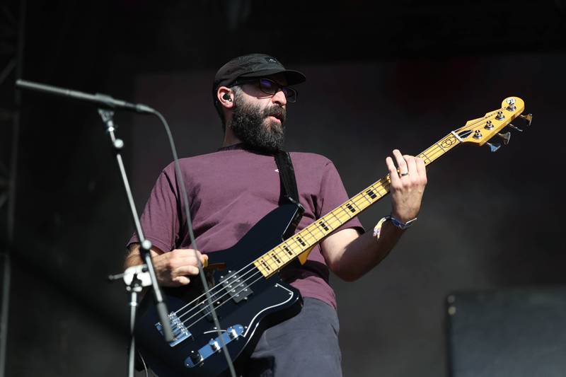 Nick Arvanitis of Sincere Engineer plays bass at Riot Fest on Saturday, Sept. 21, 2024 in Chicago.