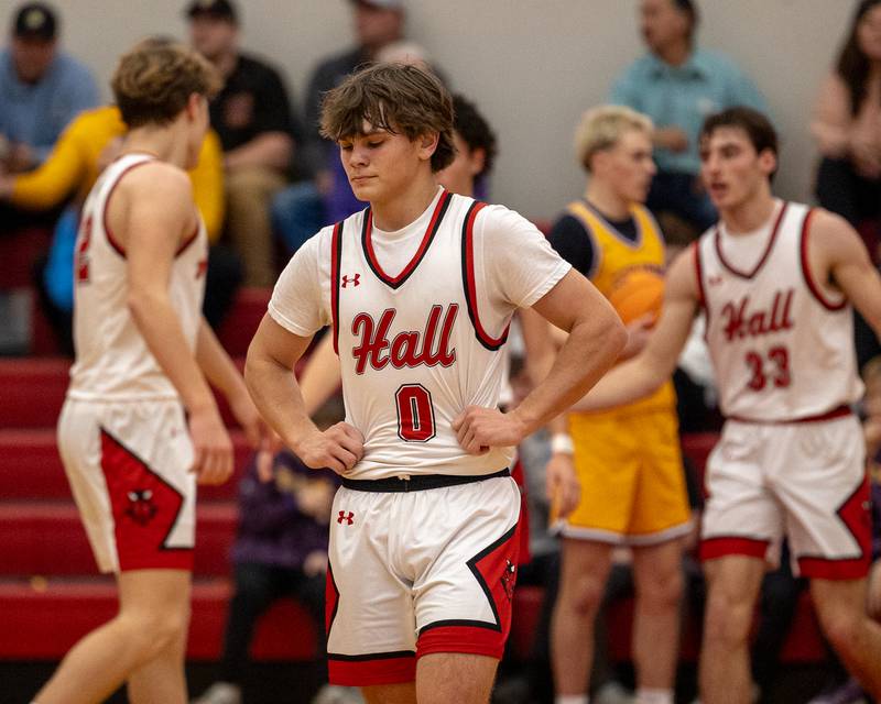 Greyson Bickett (0) of Hall expresses disappointment after ball is thrown out of bounds switching possession to Mendota on Saturday, December 20, 2025 at Hall High School in Spring Valley.