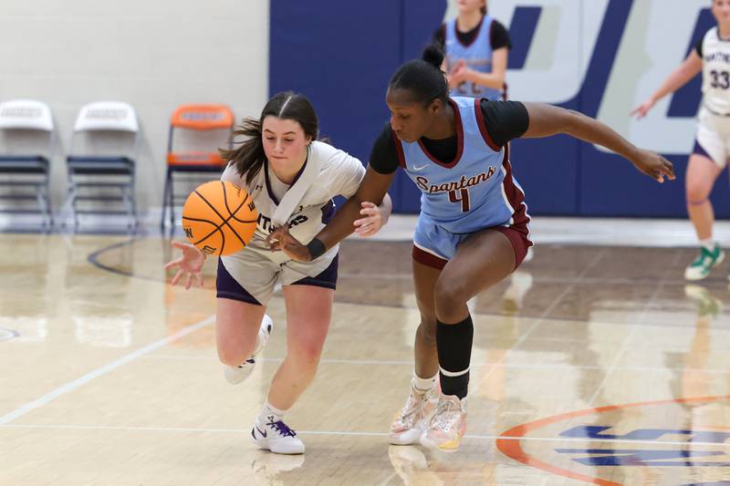 Manteno’s Lila Prindeville steals the ball during the Panthers’ 44-23 victory over St. Joseph-Ogden in the IHSA Class 2A Pontiac Sectional semifinal on Tuesday, Feb. 24, 2026, at Pontiac Township High School.
