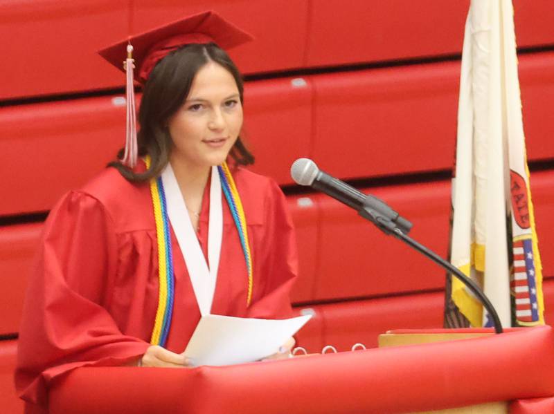 Ottawa High School class president Teagan Cole delivers a speechduring the commencement ceremony in Kingman Gymmasium on Friday, May 22, 2026 at Ottawa High School