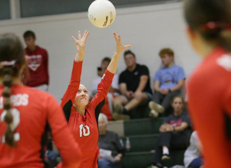 Henry-Senachwine's Abbie Stanbary (10) sets the ball against  St. Bede's in the Class 1A semifinal game on Wednesday, Oct. 16, 2022 at St. Bede Academy in Peru.