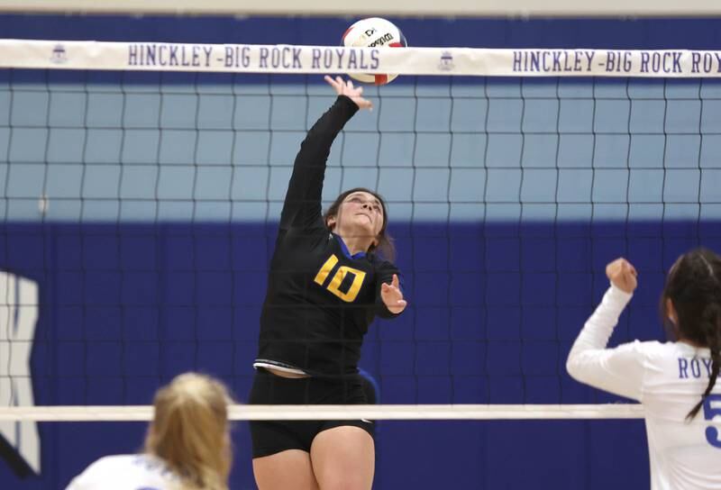Somonauk's Alexis Matejovsky spikes the ball during their match Thursday, Sept. 15, 2022, at Hinckley-Big Rock High School.