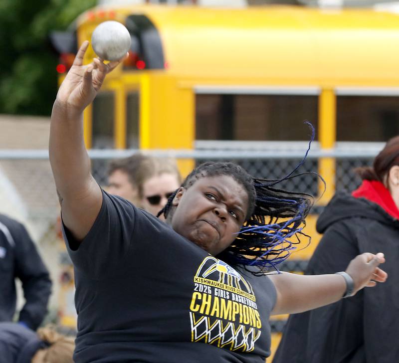Johnsburg’s Stori Hurckes throws the shot put during the Kishwaukee River Conference Girls Track and Field Meet on Tuesday, May 5, 2025, at Woodstock High School.