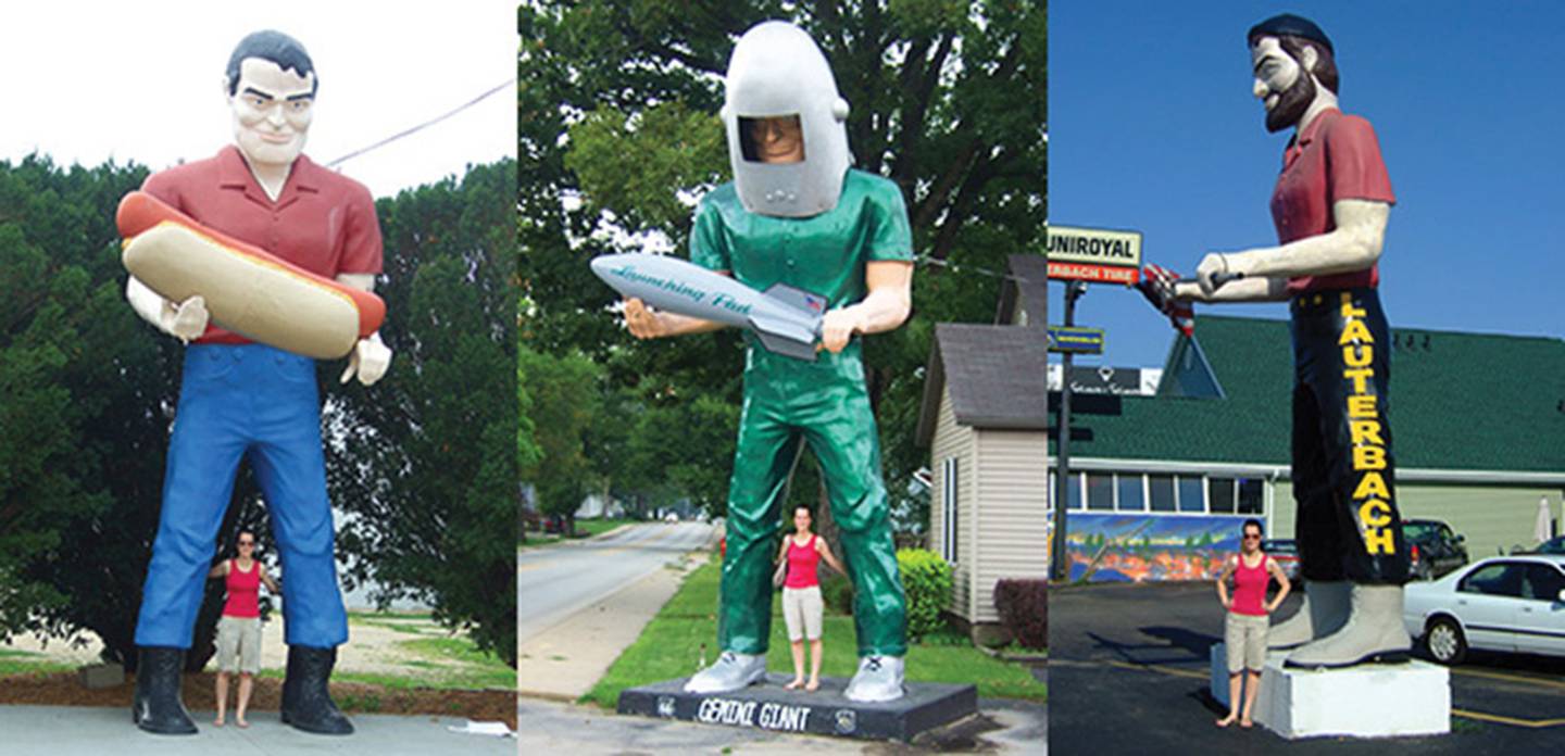 The Paul Bunyon Hotdog Statue, left; Gemini Giant, center; and the Lauterbach Muffler Man, right.