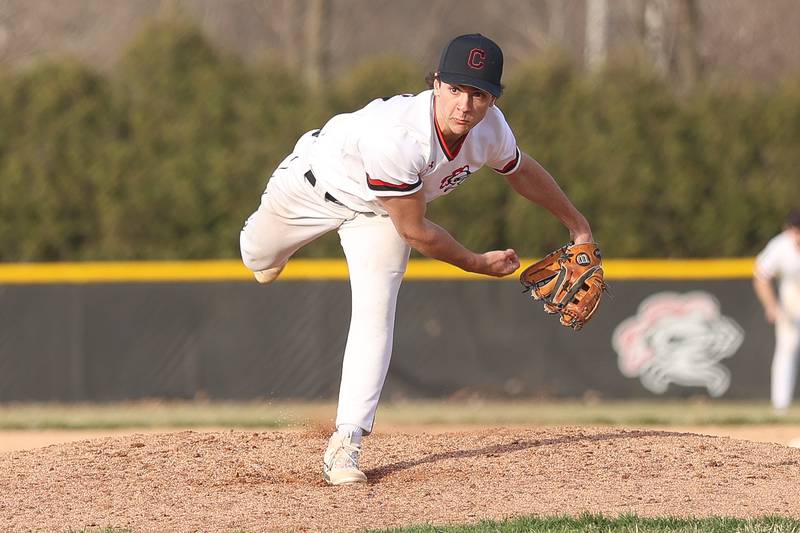 Lincoln-Way Central’s Will Kedzior delivers a pitch against Joliet Catholic on Wednesday, March 25, 2026 in New Lenox.