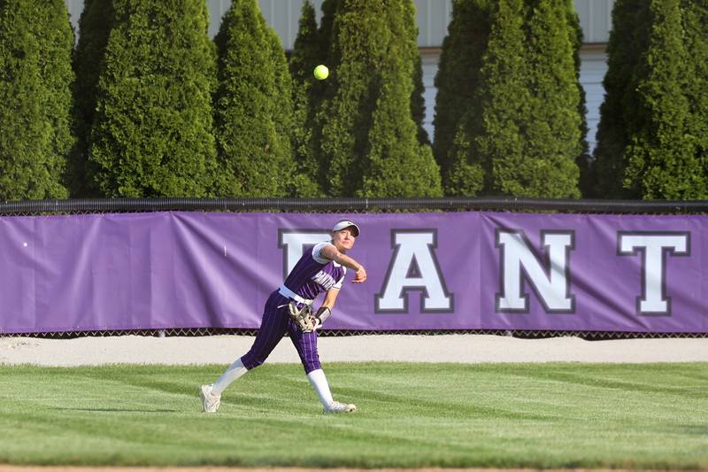 Manteno's Alyssa Singleton throws to first base after catching an out in center field during Manteno's 11-1 loss to Seneca on Friday, May 8, 2026.