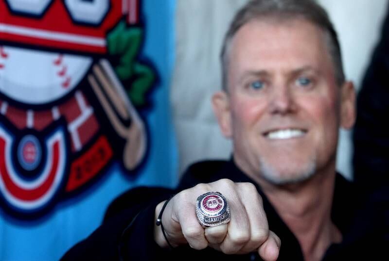 Former Cubs hitting coach John Mallee poses with his 2016 World Series ring during the Pub in the Park Craft Beer and Food Truck Festival on Saturday, Oct. 15, 2022, at Lake in the Hills’ Sunset Park.