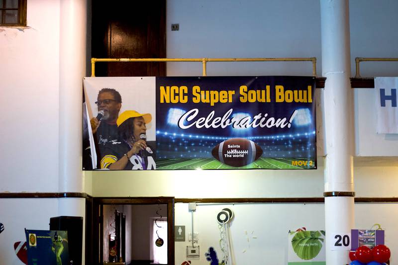 A banner for Super Soul Bowl Sunday seen on Sunday, Feb. 8, 2026 at New Canaanland Christian Church, 225 E. Clinton St., Joliet.