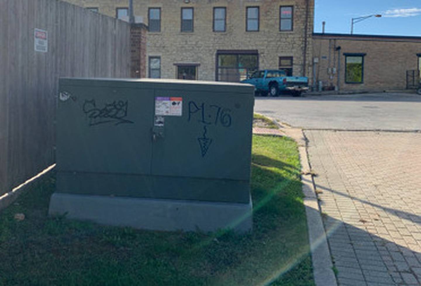 Utility boxes in the 100 block of Shumway Avenue in Batavia were tagged with P1-76 and an arrow pointing downward. Police ares seeking tips as to who is doing it, as more areas of the city are being tagged.