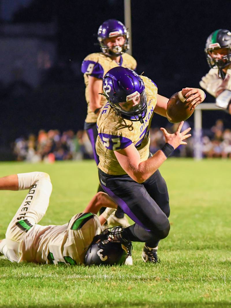 Dixon's Aiden Wiseman gets the ball into the end zone on Friday, Sept. 8, 2023 at Rock Falls.