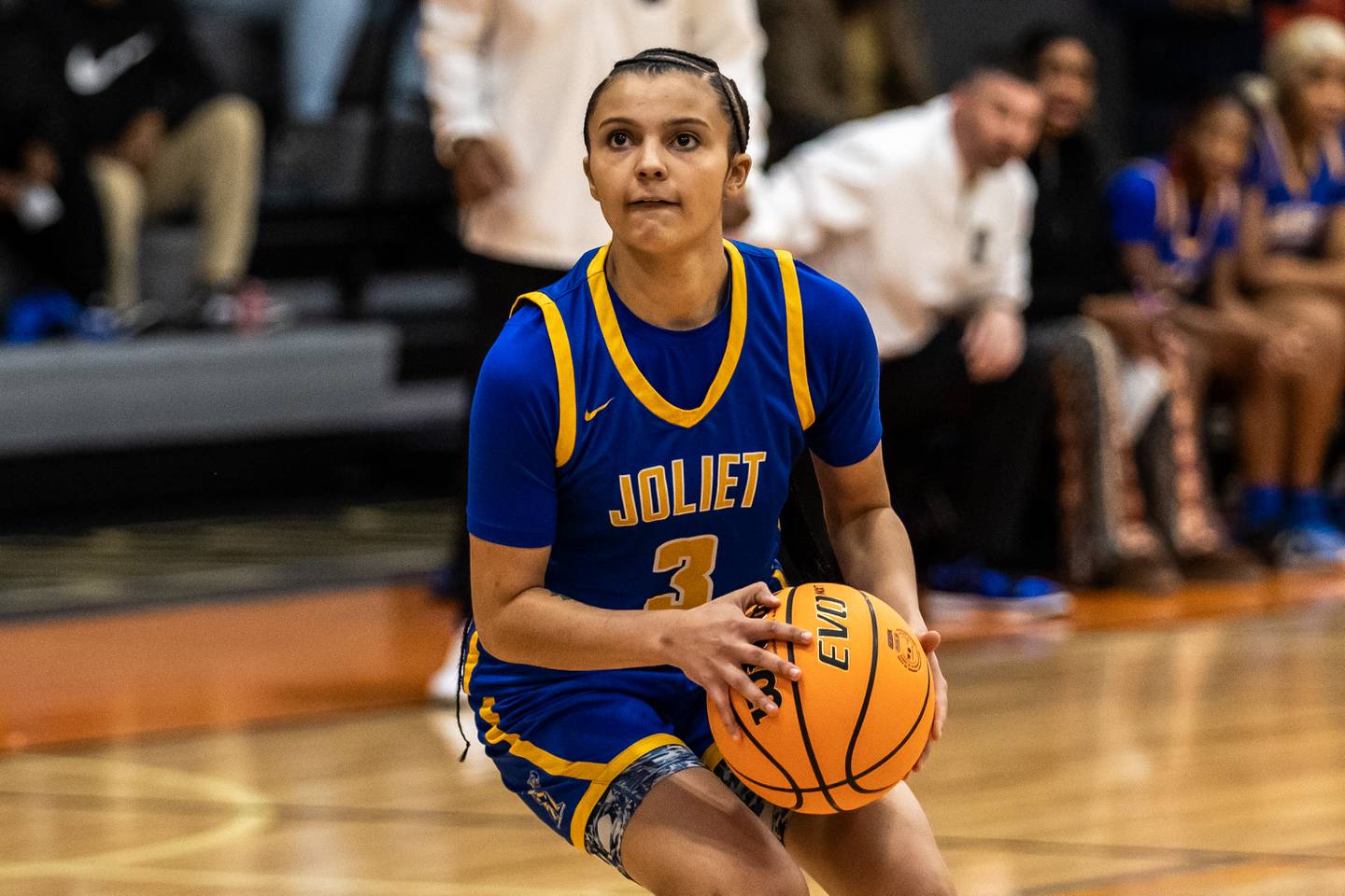 Joliet Central's Nevaeh Wright prepares to shoot during a WJOL Girls Basketball Tournament game against Minooka at Minooka on Nov. 19, 2025
