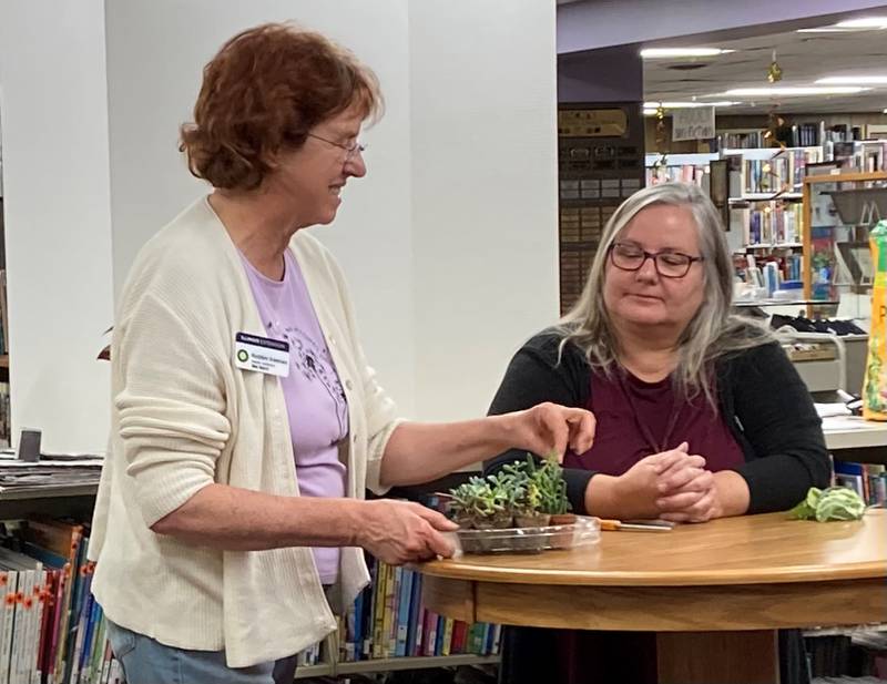 (Left to right) Robbin Keenan and Bettyann Harrison discuss houseplants in Utica.