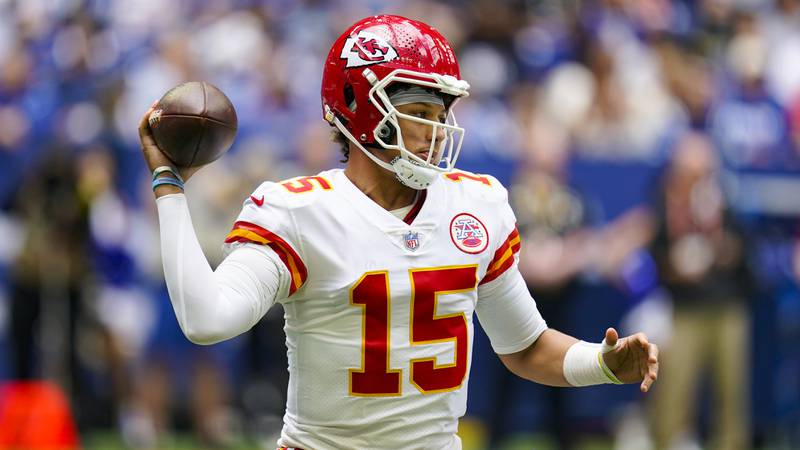 Kansas City Chiefs quarterback Patrick Mahomes throws during the first half of an NFL football game against the Indianapolis Colts, Sunday, Sept. 25, 2022, in Indianapolis. (AP Photo/Michael Conroy)