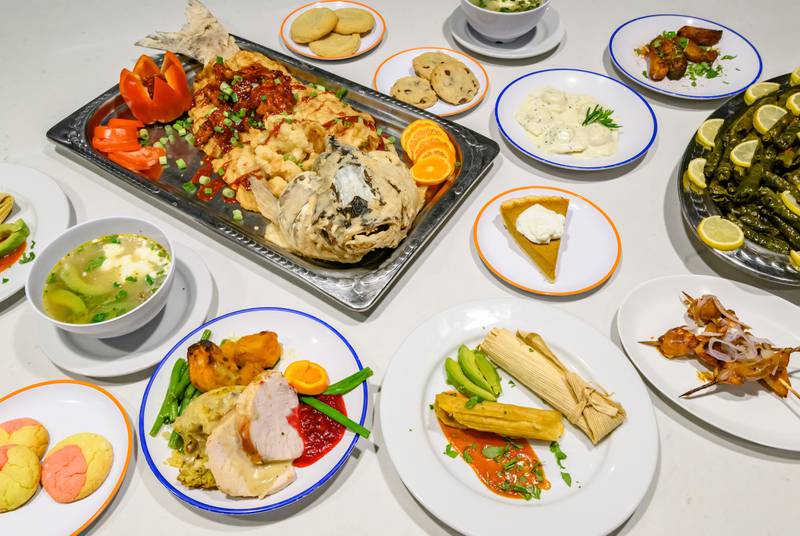 Latin tamales and tomatillo posole, Italian mushroom ravioli with cream sauce, Korean style Copi fish, are mixed in with a traditional American Thanksgiving dinner, and the perfect chocolate chip cookie.