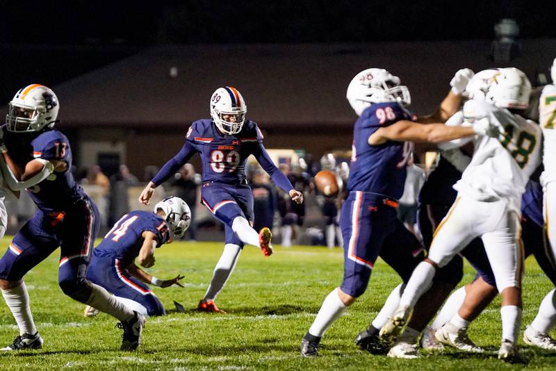 Oswego’s Kaleb Stumpenhorst (89) kicks a field goal against Waubonsie Valley during a Class 8A first-round playoff game at Oswego High School on Friday, Nov. 1, 2024.