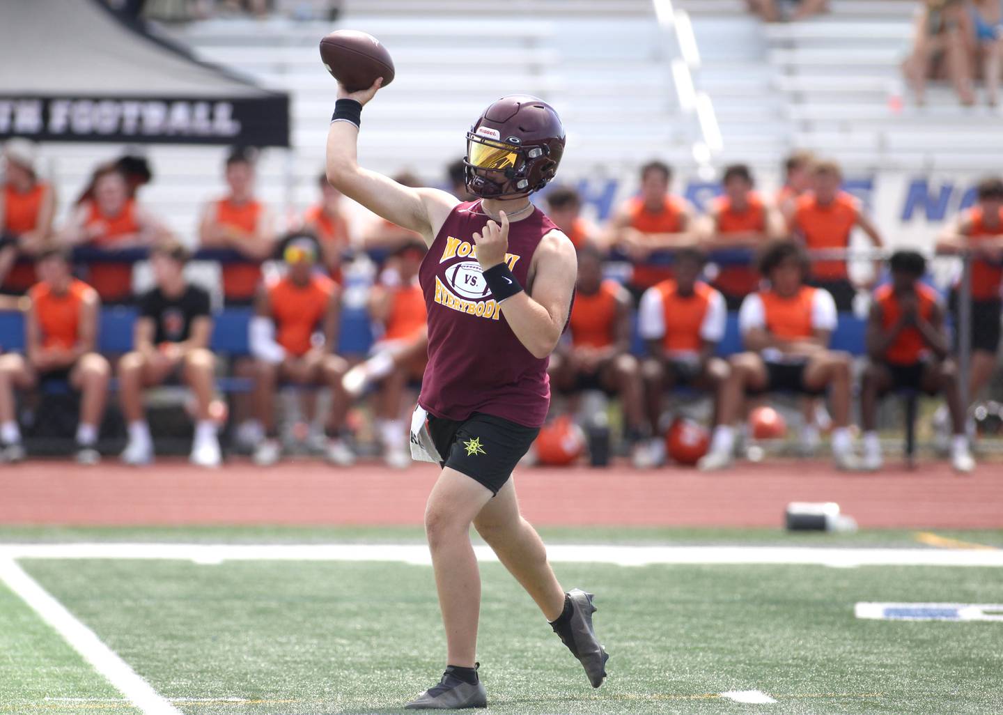 Montini quarterback Cole Teschner passes the ball during a 7 on 7 tournament at St. Charles North High School on Thursday, June 30, 2022.
