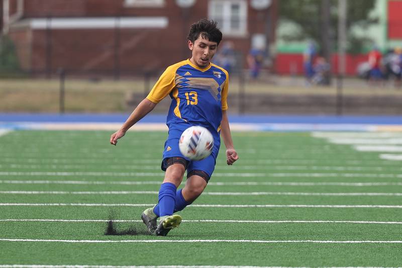 Joliet Central’s Rogelio Santiago takes a free kick against Plainfield South on Tuesday, Sept. 5, 2023 in Joliet.