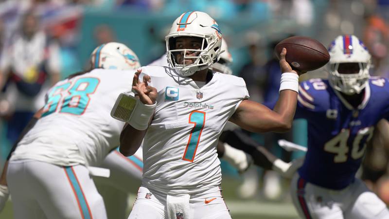 Miami Dolphins quarterback Tua Tagovailoa (1) aims a pass during the first half of an NFL football game against the Buffalo Bills, Sunday, Sept. 25, 2022, in Miami Gardens, Fla. (AP Photo/Wilfredo Lee )