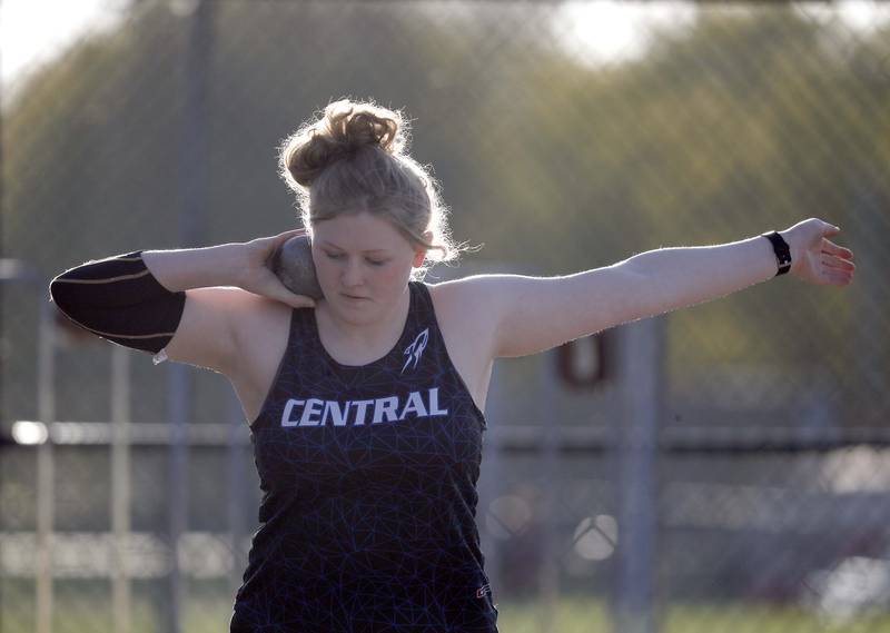 Emilie Anderson, of Burlington Central competes in the shot put during the Kane County girls track and field meet Thursday April 27, 2023 in Aurora.
