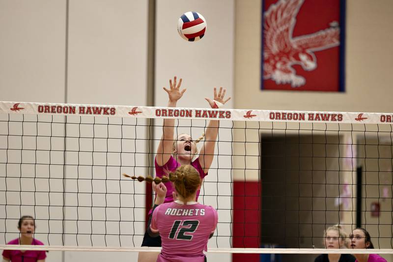 Oregon’s Liz Mois goes up to block a shot Tuesday, Oct. 11, 2022 against Rock Falls.