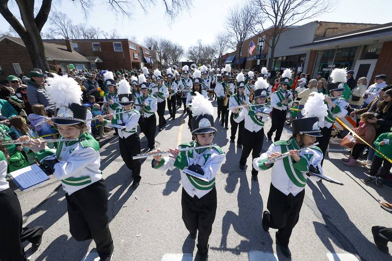 The York High School Marching Band performs during the annual St. Patrick’s Day Parade Saturday, March 8, 2025 in Elmhurst Ill.