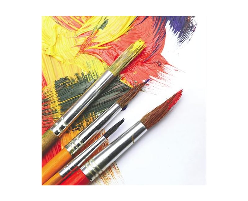 The stock photo shows paintbrushes and and painting in progress.
