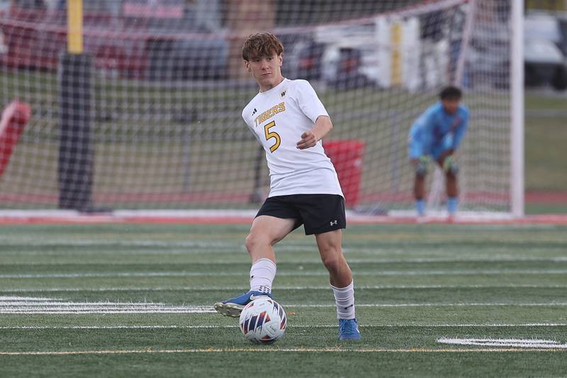 Joliet West’s Owen Seibert passes the ball against Lincoln-Way Central in the Class 3A Lincoln-Way Central Regional semifinal on Tuesday, Oct. 22, 2024 in New Lenox.