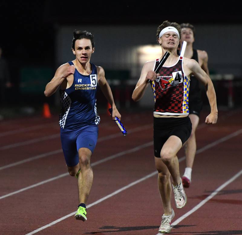 Forreston-Polo's Brody Schwartz (right) races Rockford Christian's Evan White to the finish line in the 4x400 at the 1A Oregon Sectional on Friday, May 22, 2026.