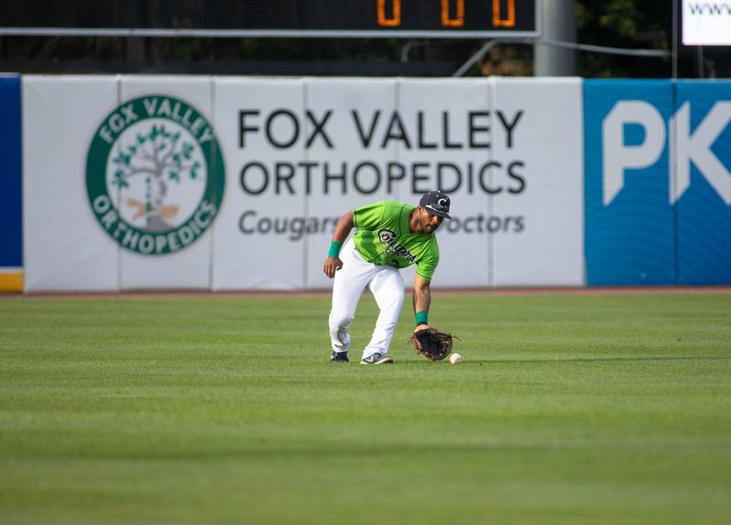 Left fielder Nick Anderson (2) fields a ground ball during a game against the Lake County Dockhounds at Northwestern Medicine Field on Tuesday, July 26, 2022.