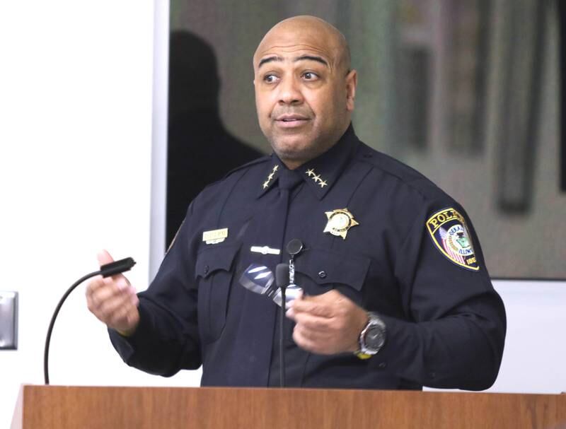 DeKalb Police Chief David Byrd talks about the duties of the newly-formed DeKalb Citizens Police Review Board during the first meeting of the board Thursday, Feb. 3, 2022, at the DeKalb Police Department.