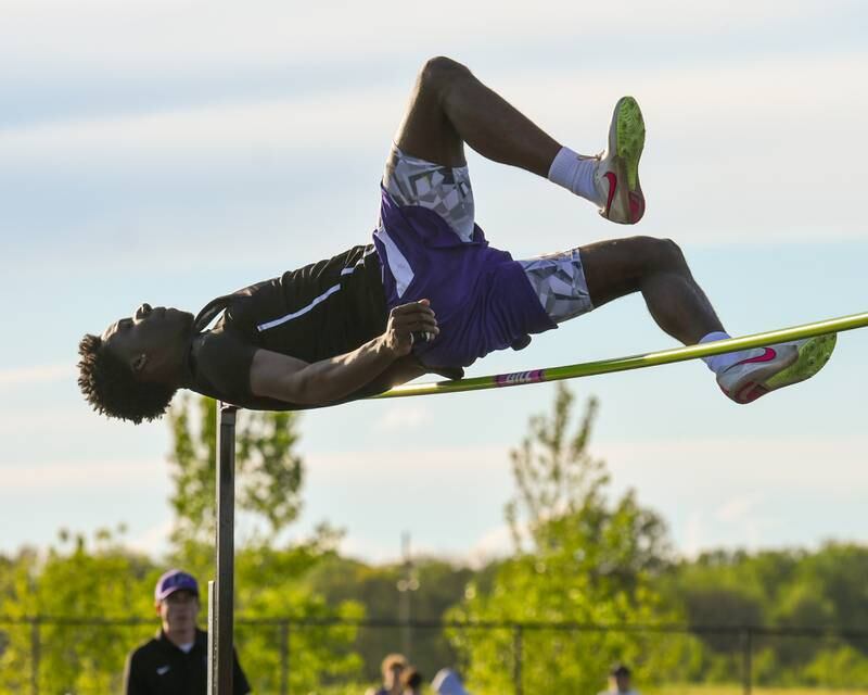 Christ Keleba of Plano clears 6’1” during the high jump portion of the Kishwaukee River Conference track meet on Tuesday May 7, 2024, held at Plano High School.
