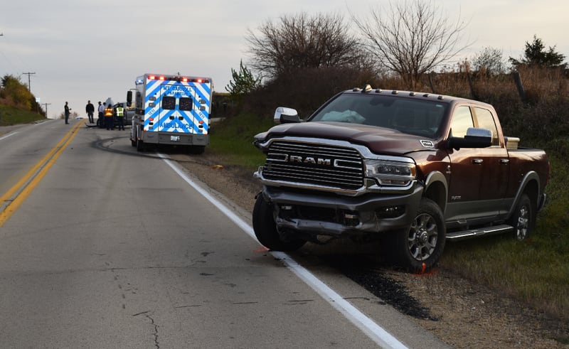 The pickup in the foreground, driven by Eric G. Miller, 48, of Milledgeville, collided with a pickup driven by Ivon L. Miller, 89, of Chadwick, around 4:30 p.m. Thursday at the intersection of state Route 78 and Golding Road. Ivon Miller, whose truck is in the background, died at the scene, while Eric Miller, no relation, was flown to a Rockford hospital, the Carroll County Sheriff's Office said in a news release Monday, Nov. 7, 2020.
