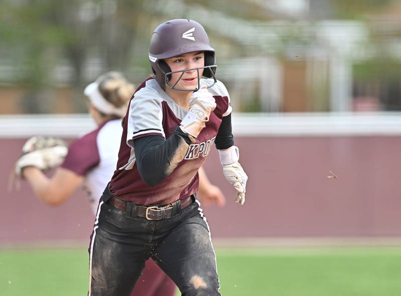 Lockport's Morgan Spodarek running to home plate during the non-conference game against Marengo on Saturday, April. 27, 2024, at Lockport.