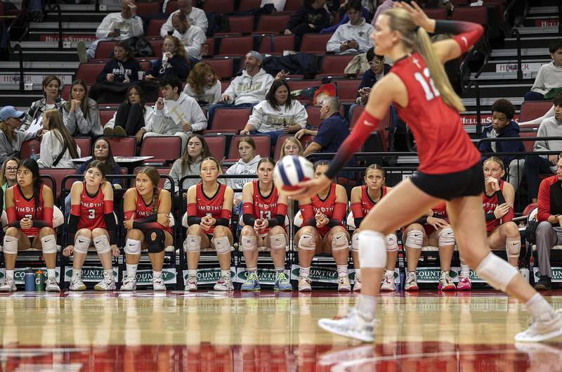 The Timothy Christian bench watch their match against El Paso-Gridley Saturday, Nov. 16, 2024, in the Class 2A third place state volleyball match at CEFCU Arena in Normal.