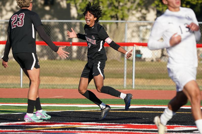 Yorkville's Joseph Kallan (17) reacts after scoring his second goal of the game against Oswego East during a soccer match at Yorkville High School on Tuesday, Oct. 15, 2024.